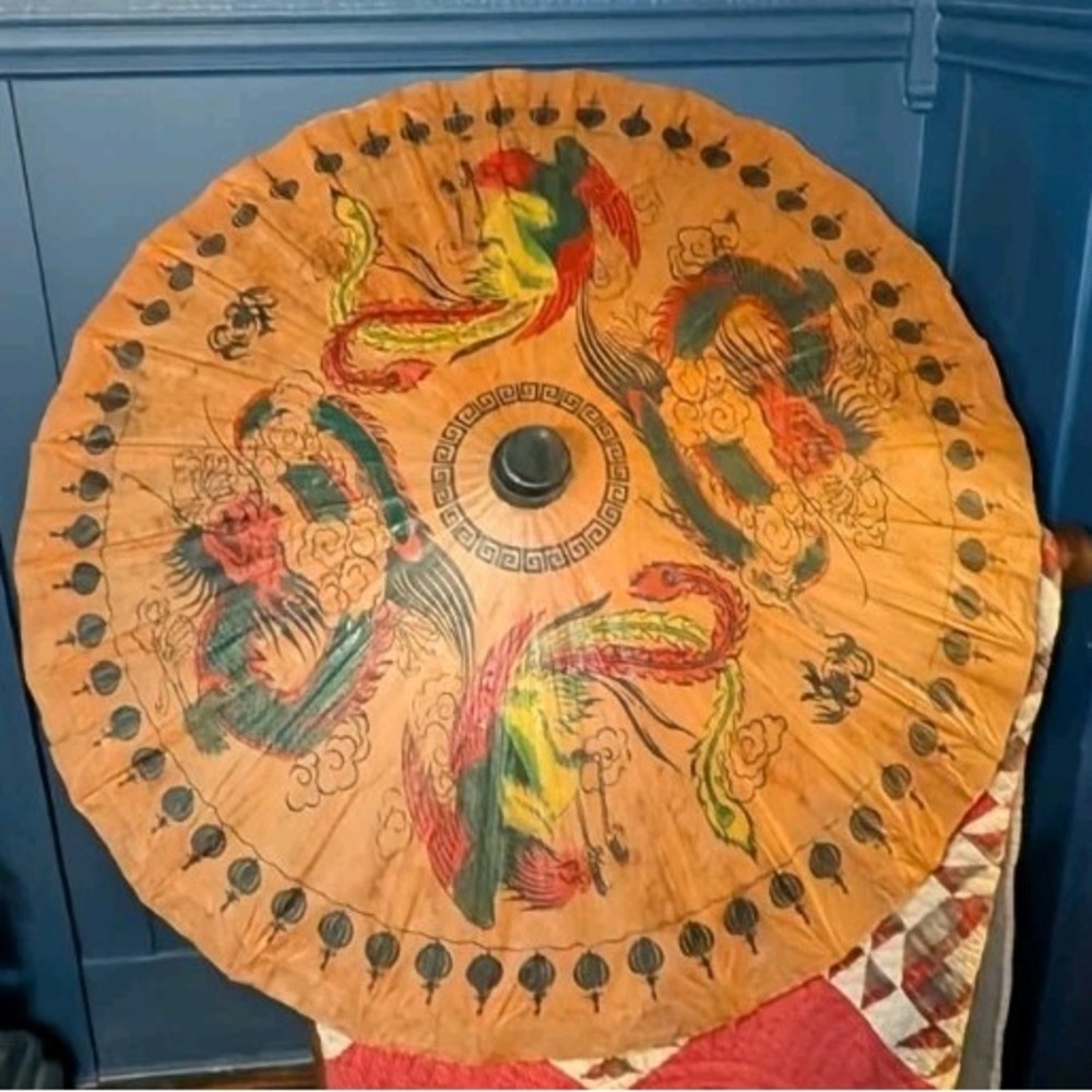 1950's Bamboo Japanese Parasol - Paper Umbrella - RARE - Dragon And Pheonix